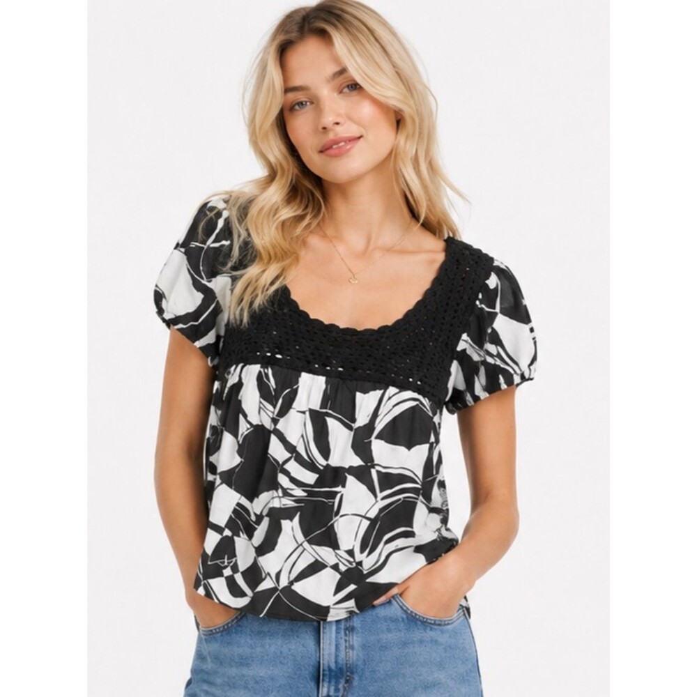 By Choice Vintage Womens Top Small Y2K Babydoll Crochet Retro Black White